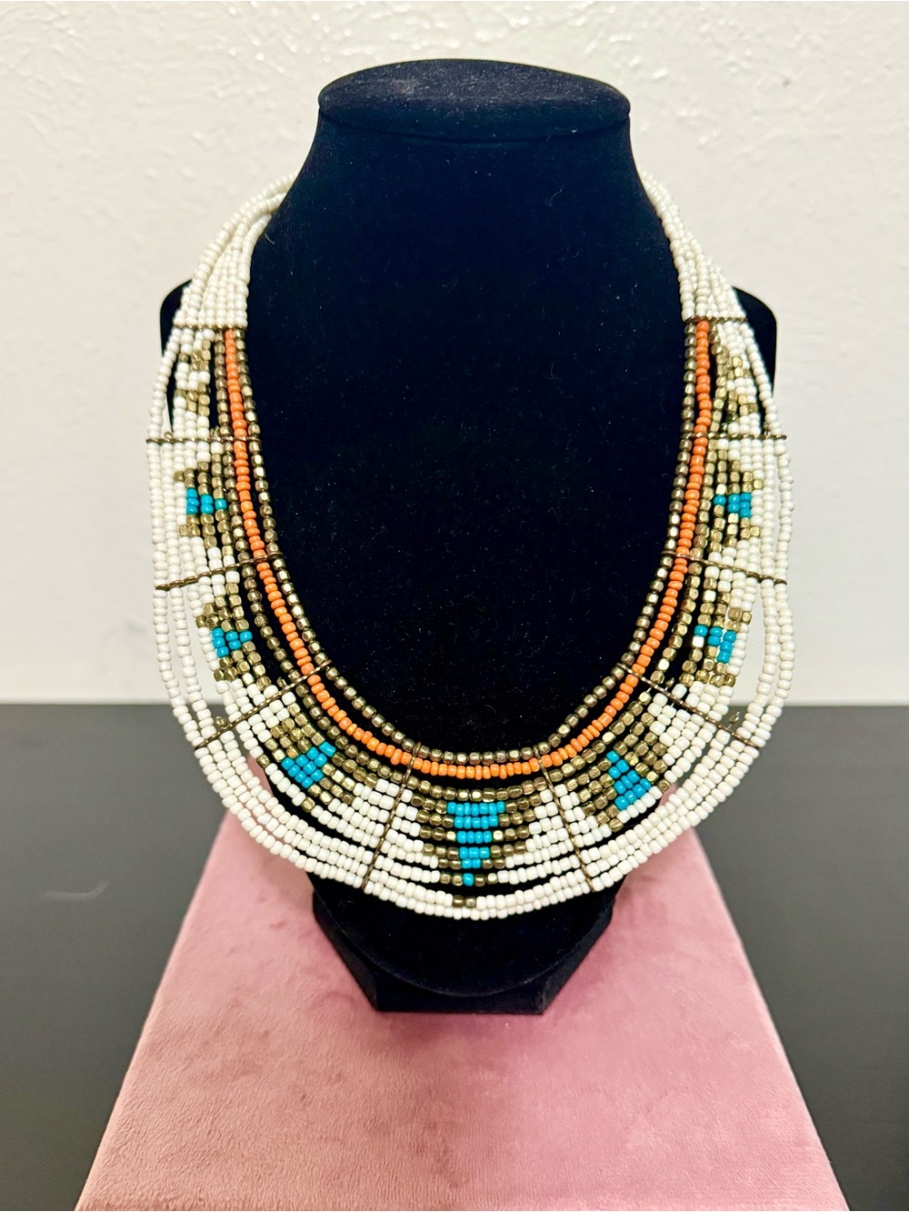 Beautiful Handmade Beaded Statement Necklace in White, Turquoise & Gold